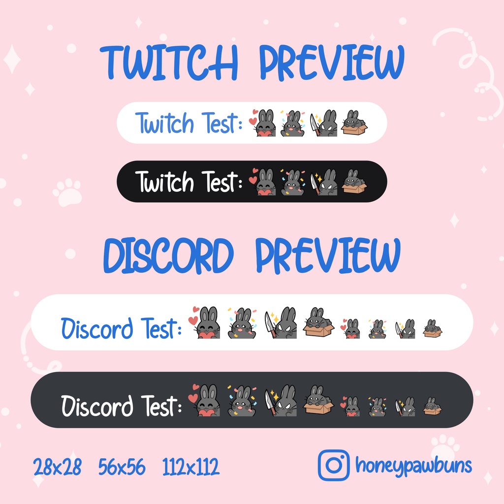Black Bunny Twitch Emotes: Heart, Confetti, Knife, Box