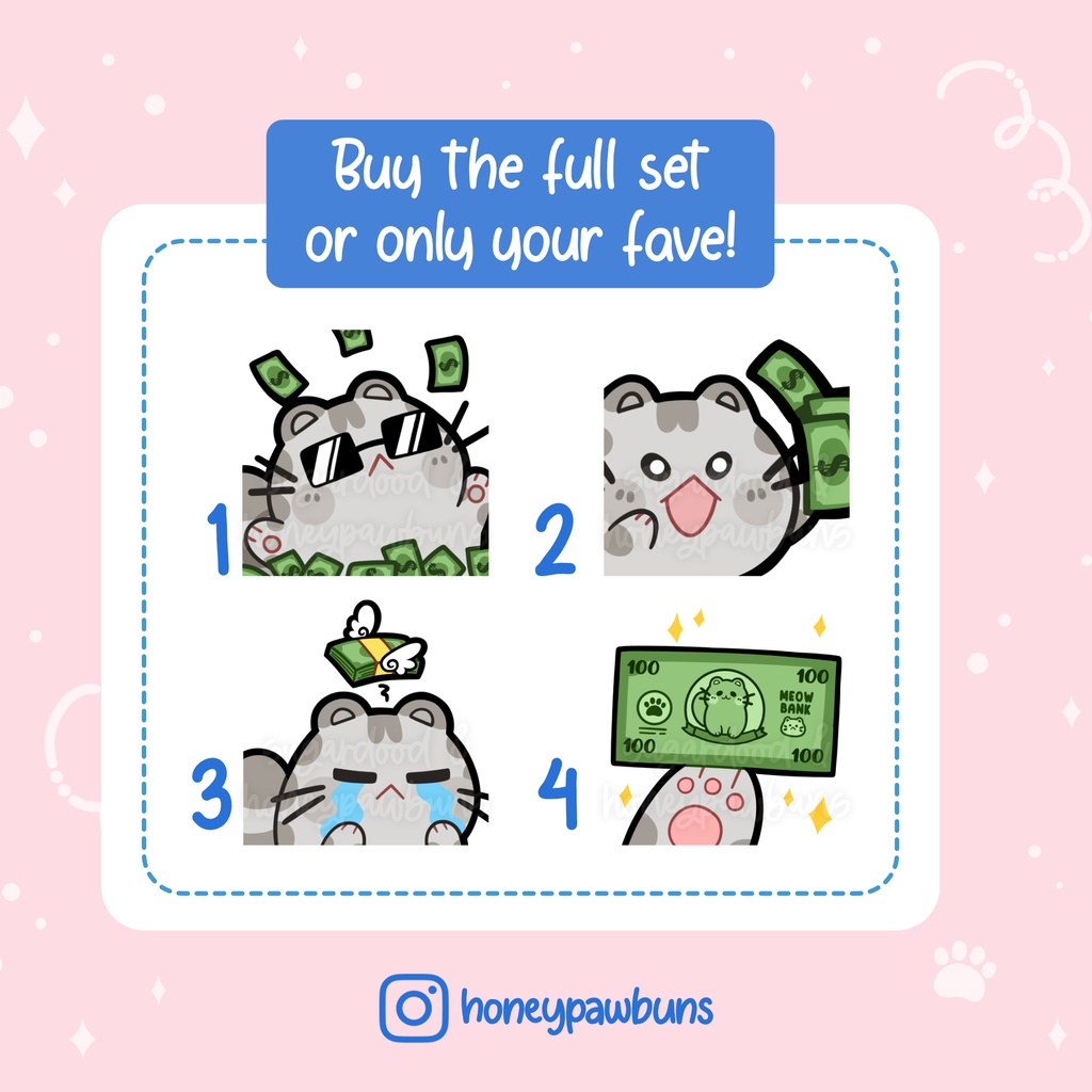 Grey Cat Emotes: Cah Shower, Take My Money, Broke, Dollar