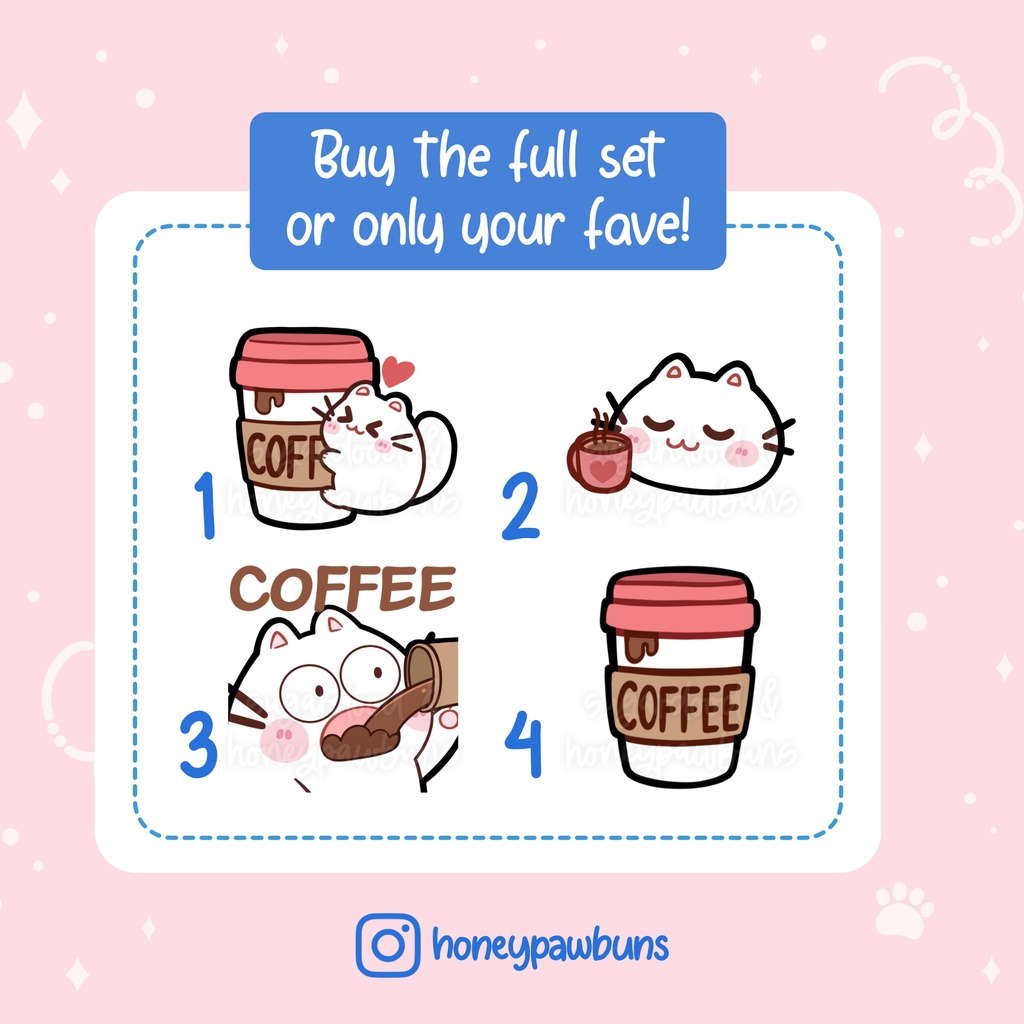 White Cat Twitch Emotes: Coffee Love Set