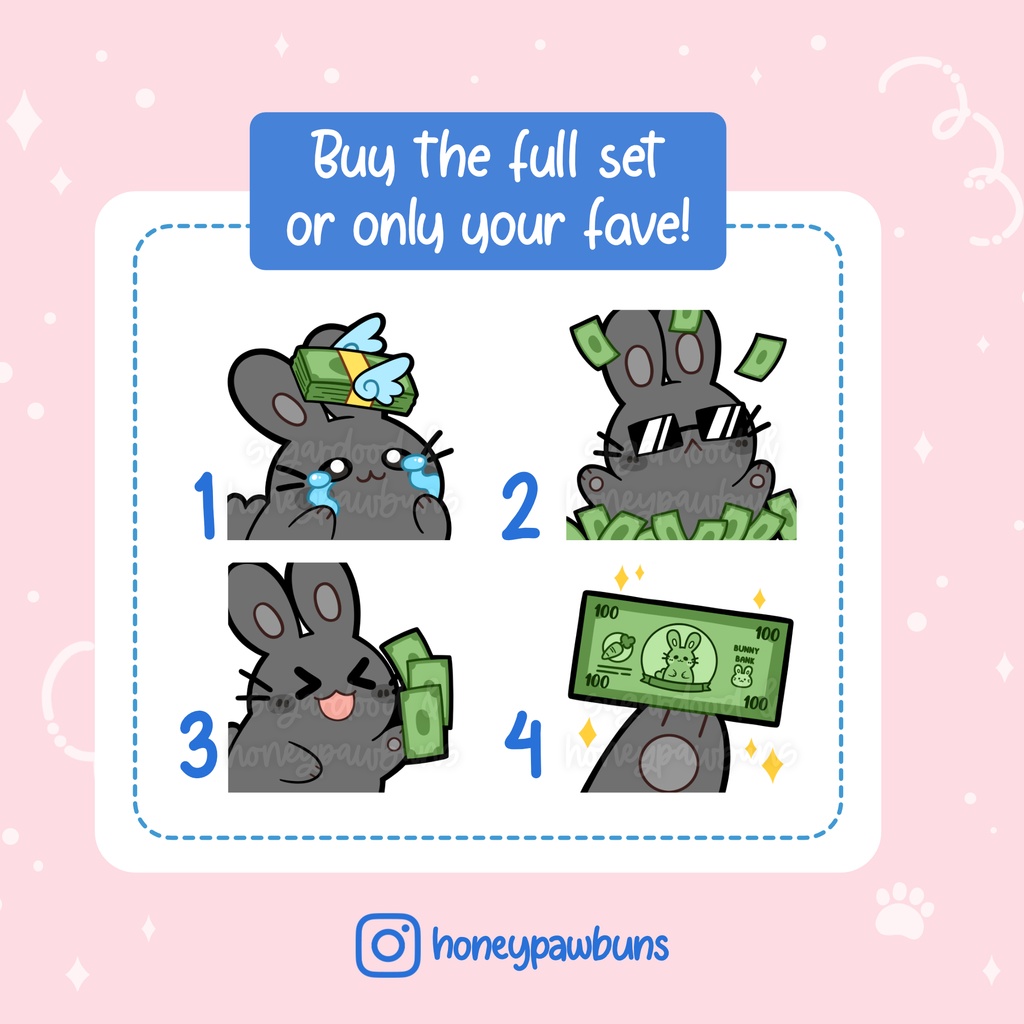 Black Bunny Money Twitch Emotes: Broke, Cash Shower, Take My Money ,Dollar