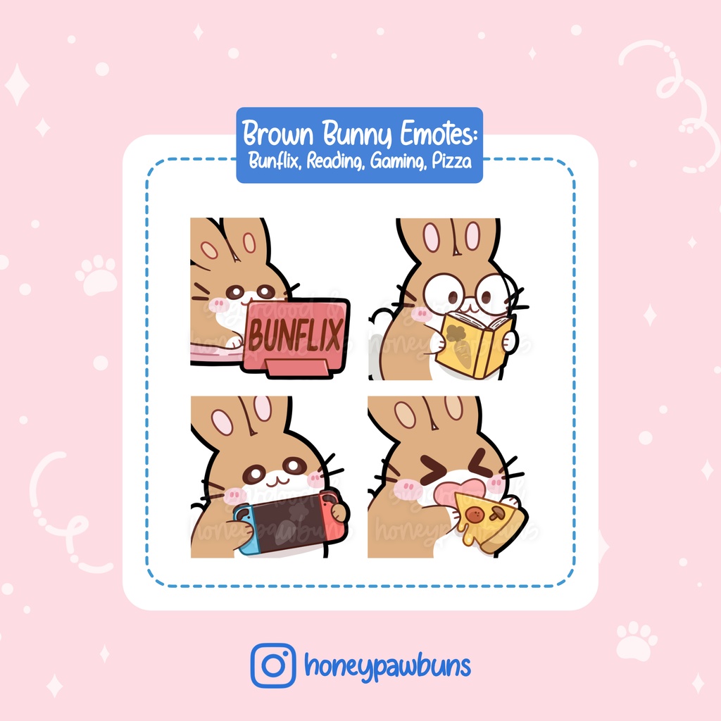 Brown Bunny Twitch Emotes: Bunflix, Reading, Gaming, Pizza