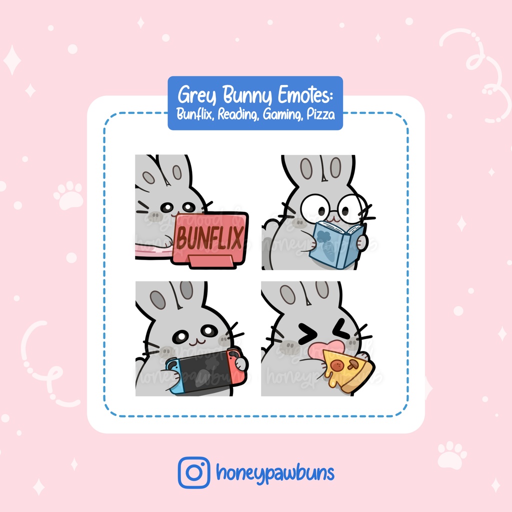 Grey Bunny Twitch Emotes: Bunflix, Reading, Gaming, Pizza