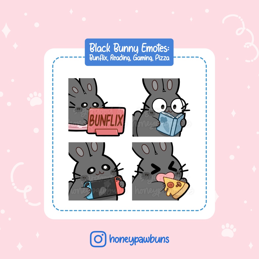Black Bunny Twitch Emotes: Bunflix, Reading, Gaming, Pizza