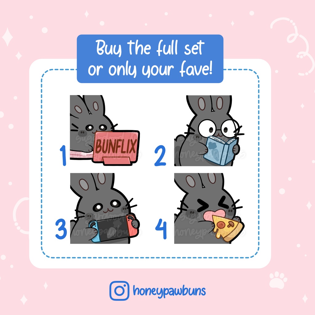 Black Bunny Twitch Emotes: Bunflix, Reading, Gaming, Pizza
