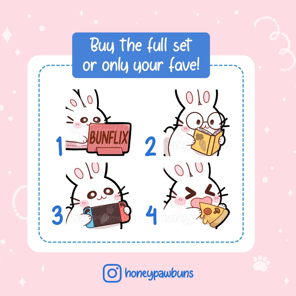 Bunny Twitch Emotes: Bunflix, Reading, Gaming, Pizza