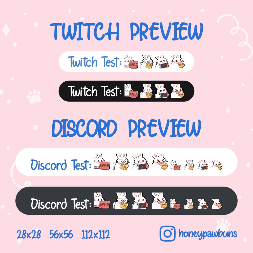 Bunny Twitch Emotes: Bunflix, Reading, Gaming, Pizza