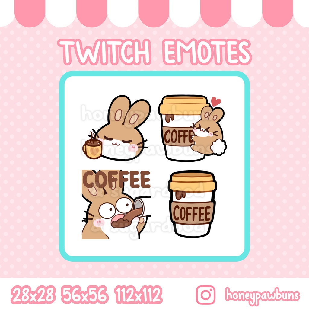 Coffee Twitch Emote Set And Single Emotes, Brown White Bunny