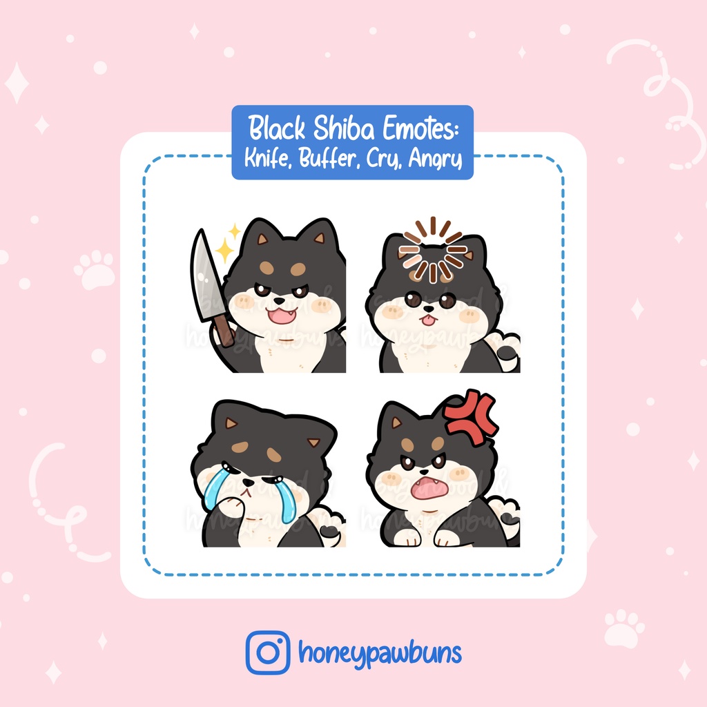Black Shiba Inu Twitch Emotes: Knife, Load, Cry, Angry