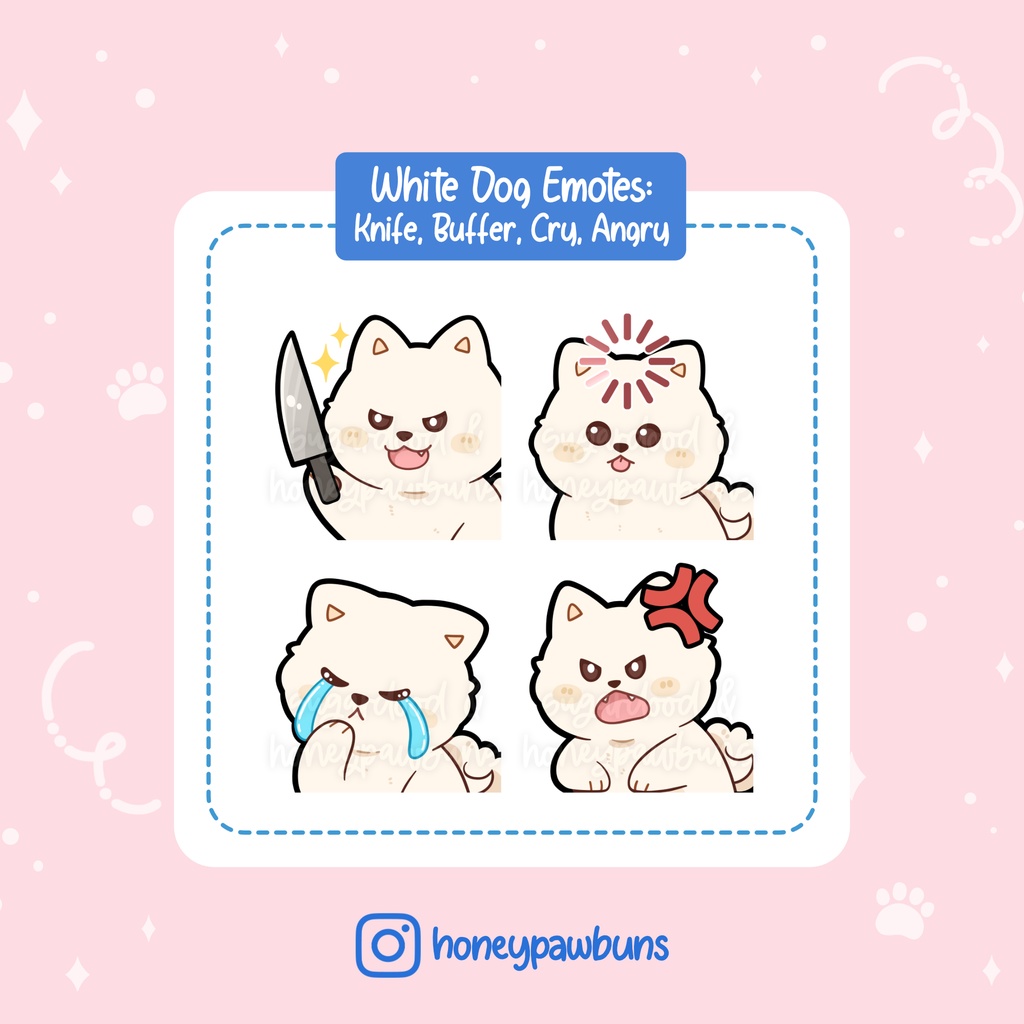 White Dog Twitch Emotes: Knife, Load, Cry, Angry