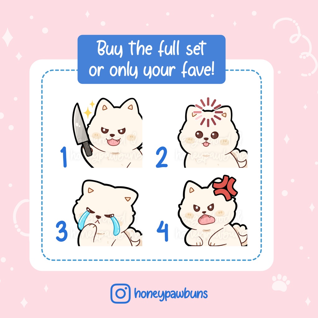 White Dog Twitch Emotes: Knife, Load, Cry, Angry