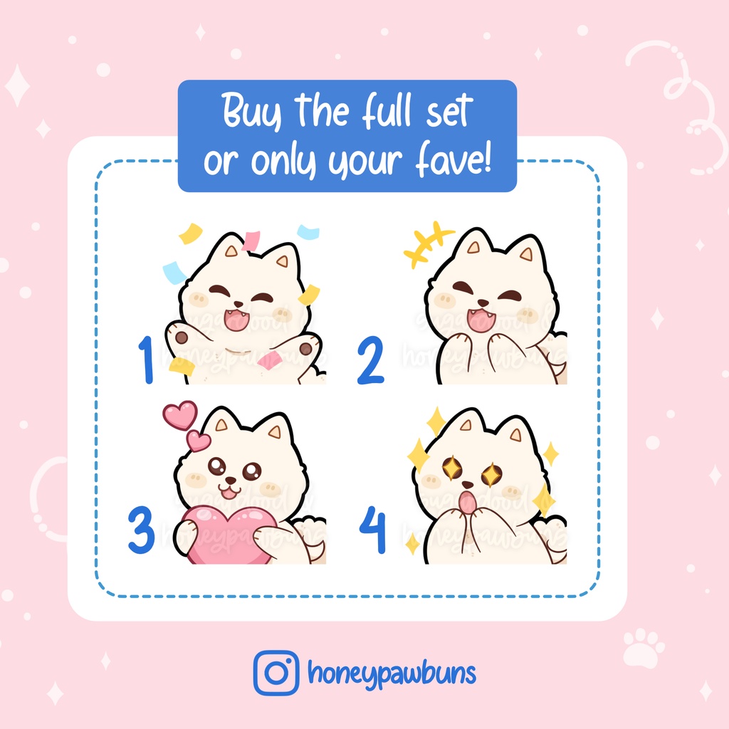 White Dog Twitch Emotes: Hype, LOL, Love, POG