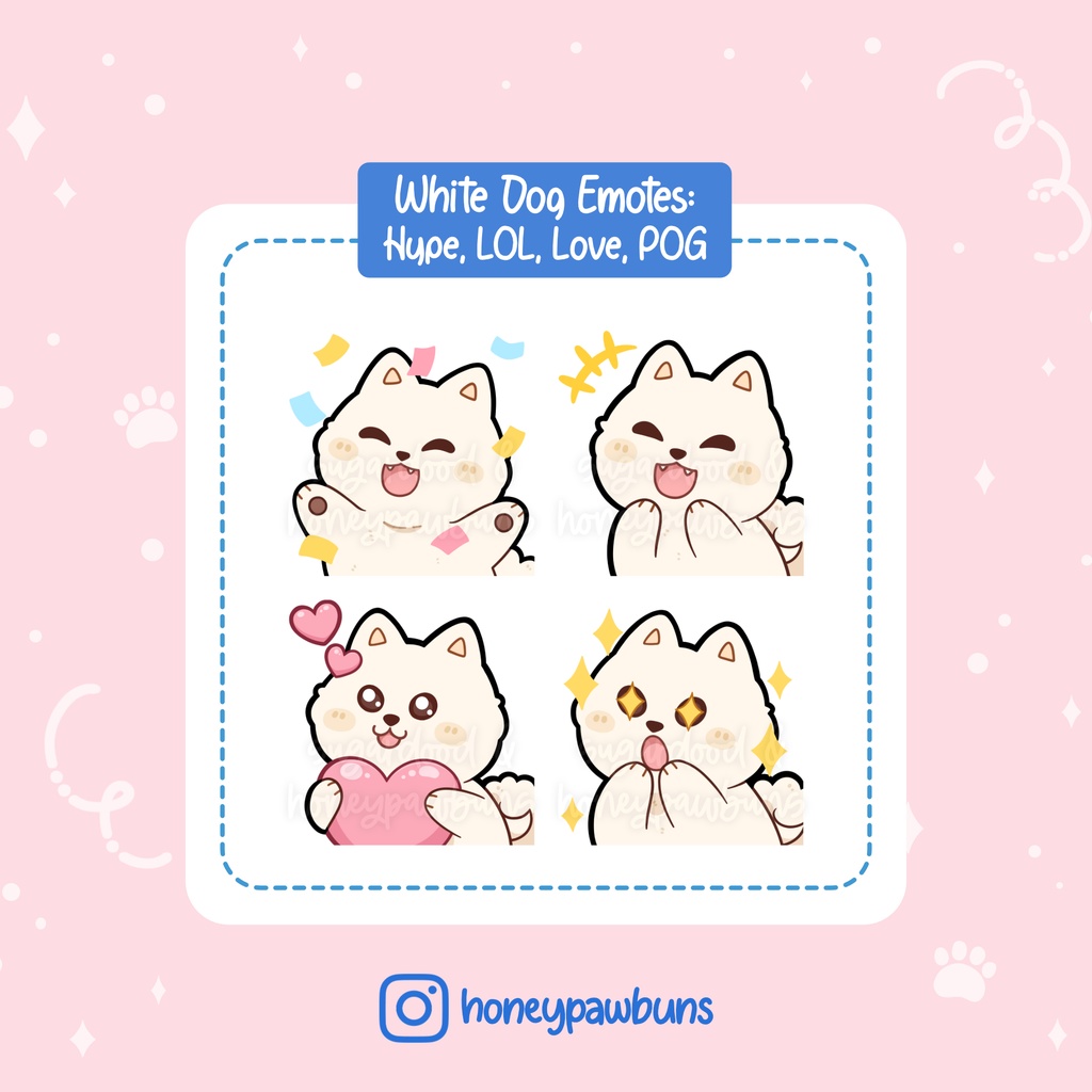 White Dog Twitch Emotes: Hype, LOL, Love, POG