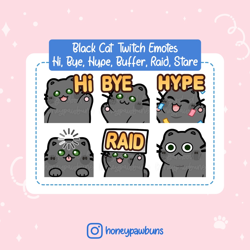 Black Cat Twitch Emotes: Hi, Bye, Hype, Buffer, Raid, Stare