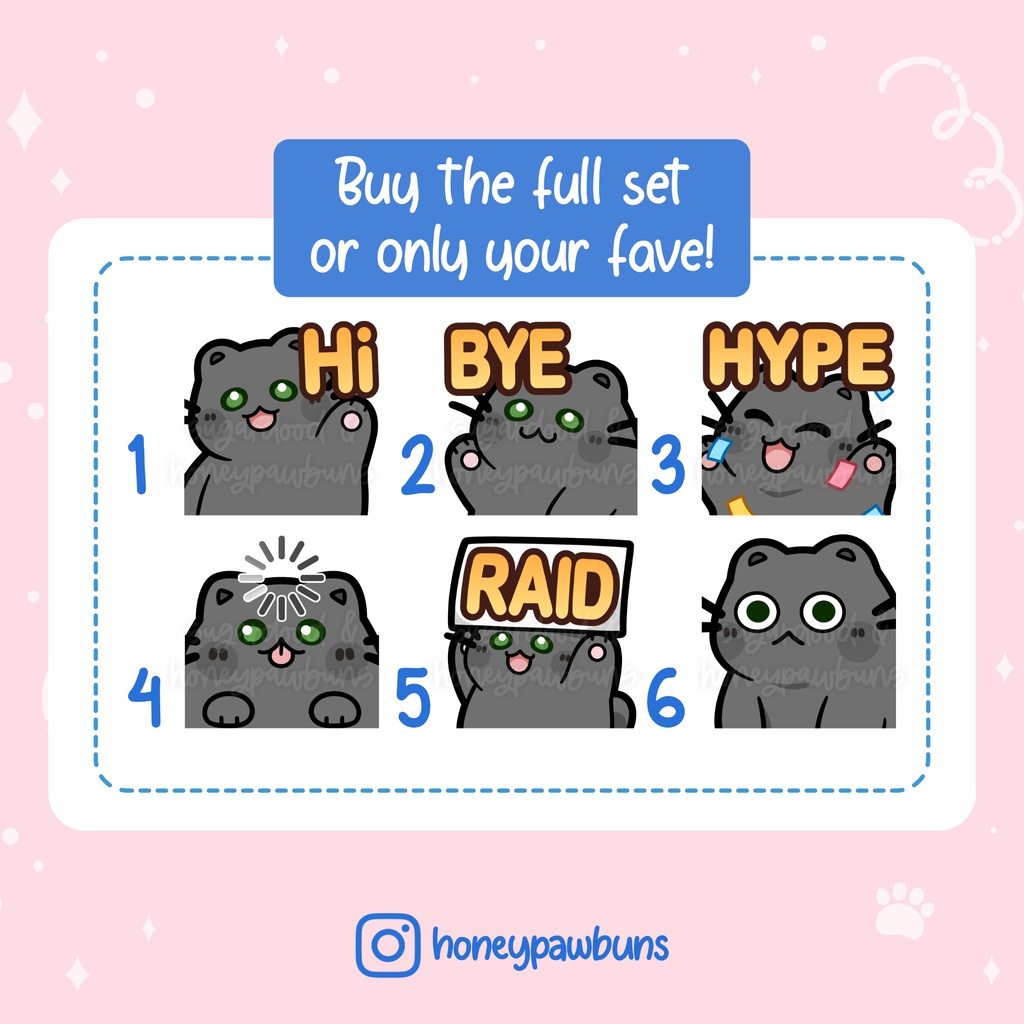 Black Cat Twitch Emotes: Hi, Bye, Hype, Buffer, Raid, Stare