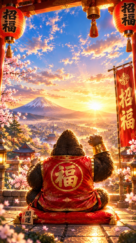 【開運待ち受け】招福ゴリラ・開運の朝｜富士とご利益のスマホ壁紙｜ゴリジャージ