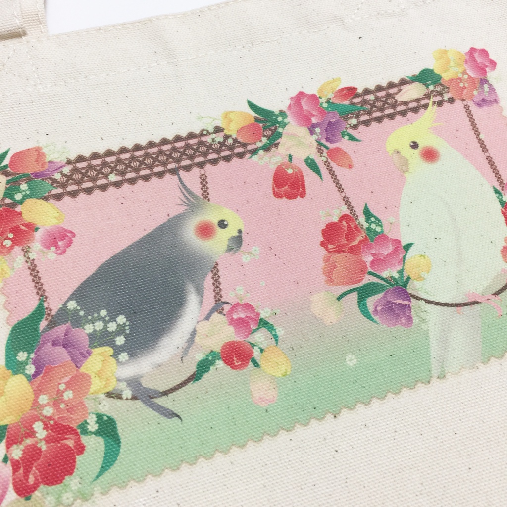 【新作】オカメインコinお花畑! トートバッグSサイズ
