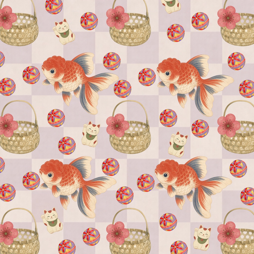 和レトロ / 金魚と招き猫の彩り市松模様 / 5色セット / Japanese Retro / Goldfish & Lucky Cat Checkered Pattern / 5-Color Set