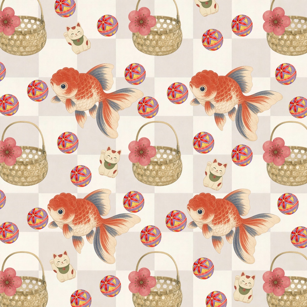 和レトロ / 金魚と招き猫の彩り市松模様 / 5色セット / Japanese Retro / Goldfish & Lucky Cat Checkered Pattern / 5-Color Set