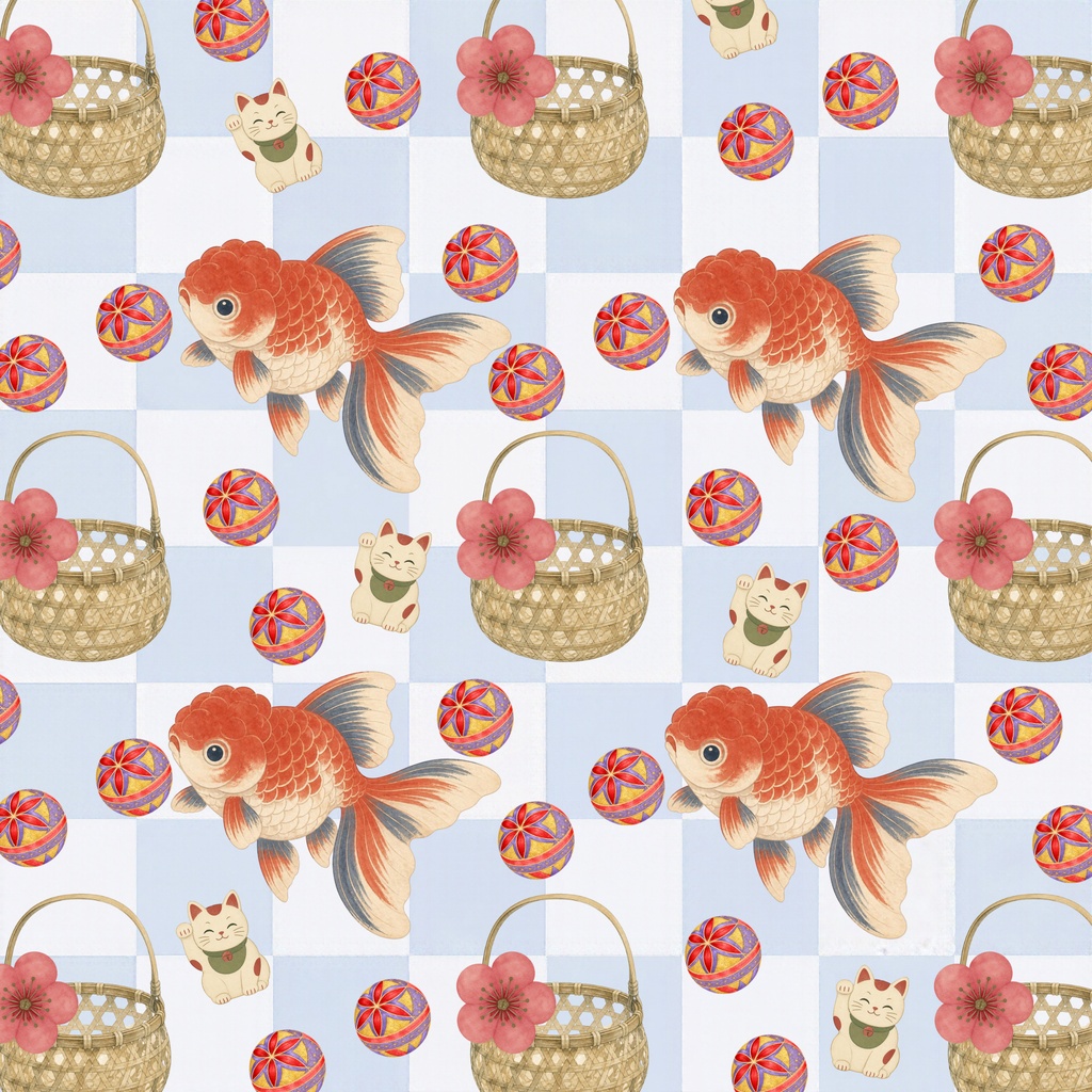 和レトロ / 金魚と招き猫の彩り市松模様 / 5色セット / Japanese Retro / Goldfish & Lucky Cat Checkered Pattern / 5-Color Set