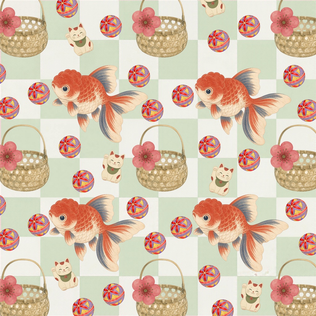 和レトロ / 金魚と招き猫の彩り市松模様 / 5色セット / Japanese Retro / Goldfish & Lucky Cat Checkered Pattern / 5-Color Set