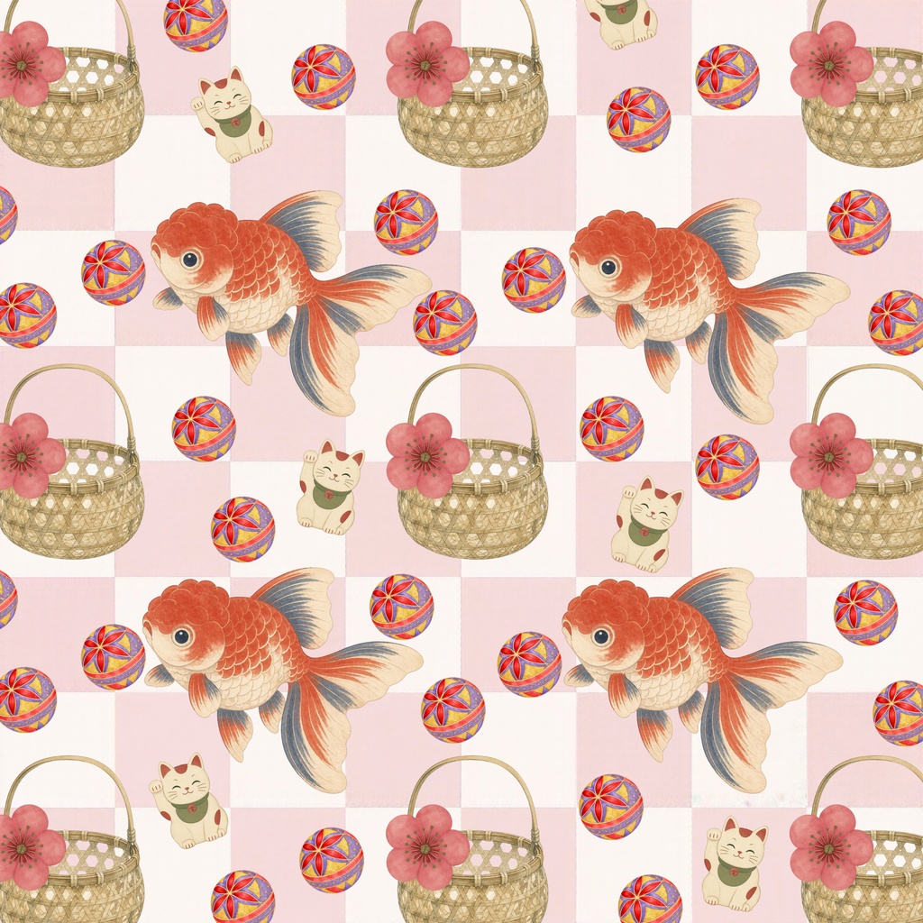 和レトロ / 金魚と招き猫の彩り市松模様 / 5色セット / Japanese Retro / Goldfish & Lucky Cat Checkered Pattern / 5-Color Set