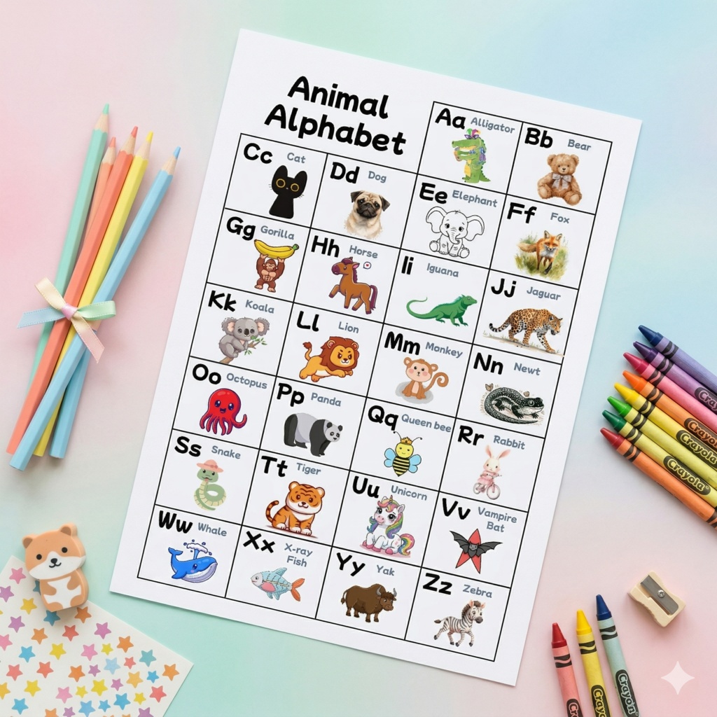 【知育ポスター】3〜5歳向け！かわいい動物のアルファベット表（A4・PDF＋Canva）