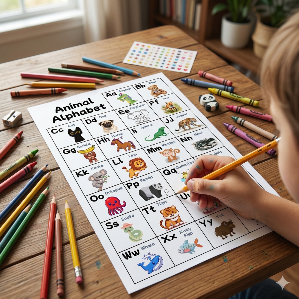 【知育ポスター】3〜5歳向け!かわいい動物のアルファベット表(A4・PDF+Canva)