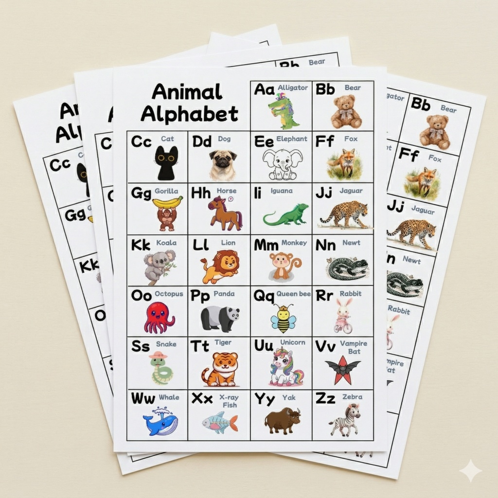 【知育ポスター】3〜5歳向け!かわいい動物のアルファベット表(A4・PDF+Canva)