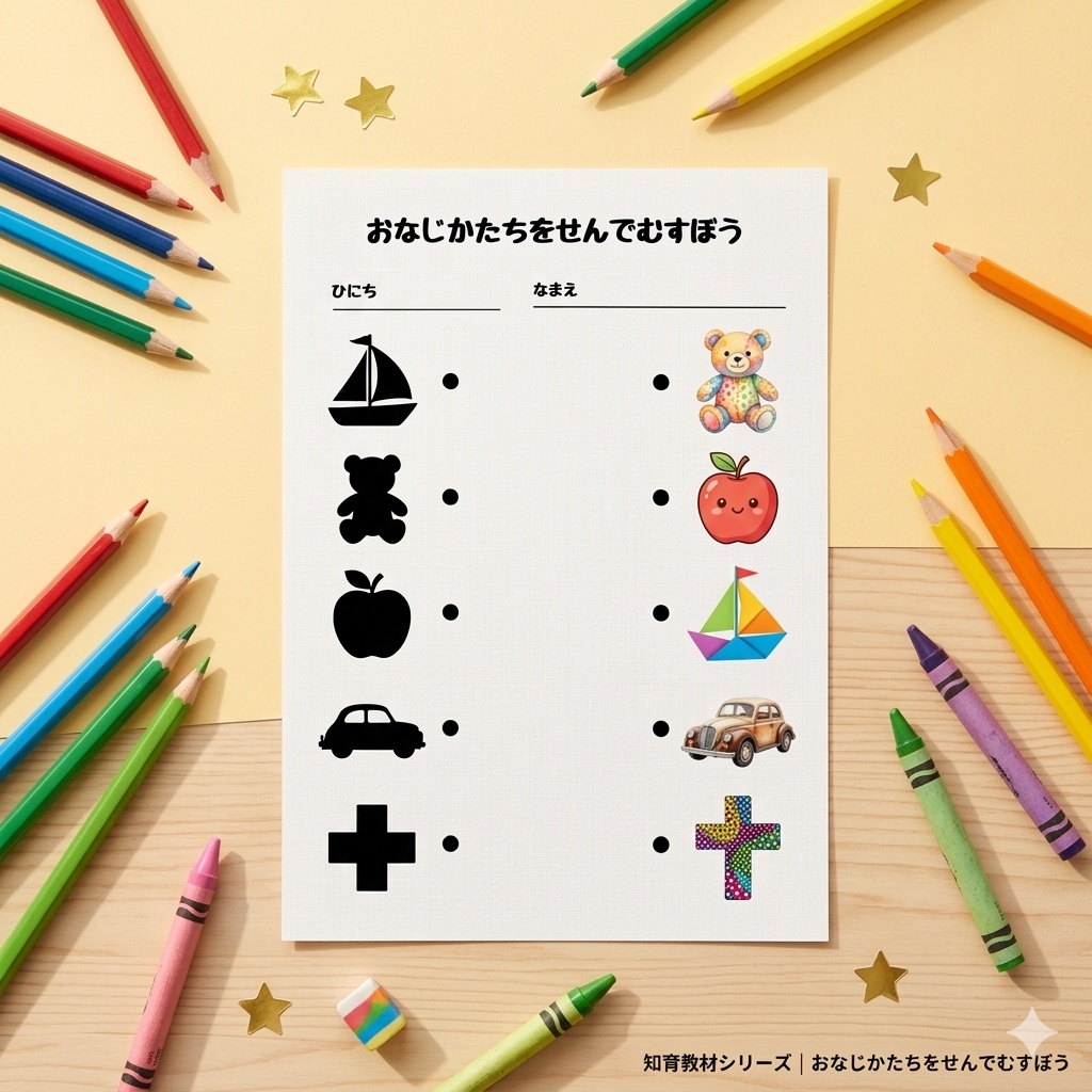 【知育プリント】3〜5歳向け！同じかたちを線でむすぼう（全5ページ）