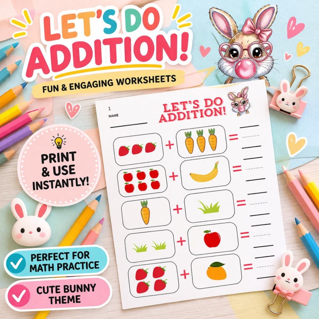 うさぎさんと楽しく学ぼう！はじめての「たし算」ワークシート｜
