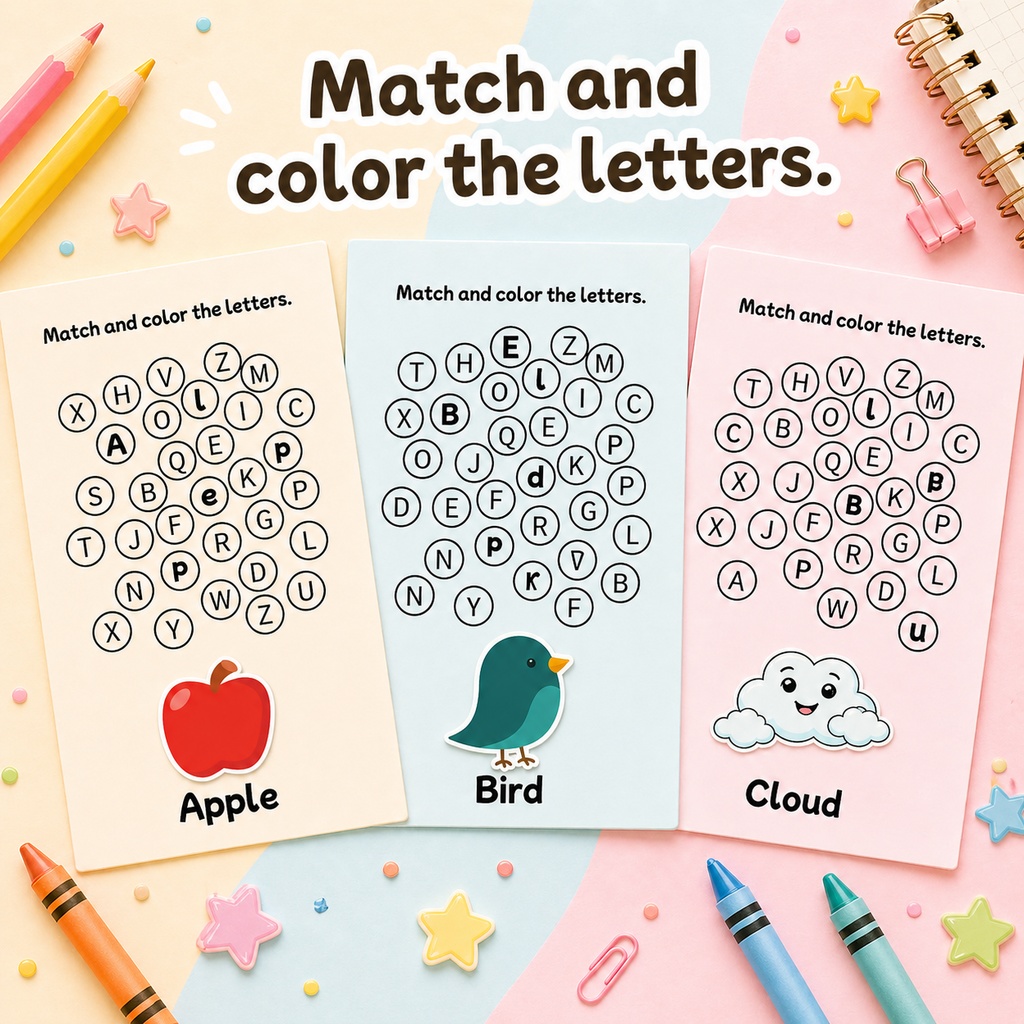 【アルファベット】3〜5歳向け！かわいいイラストと楽しく文字探しワークシート