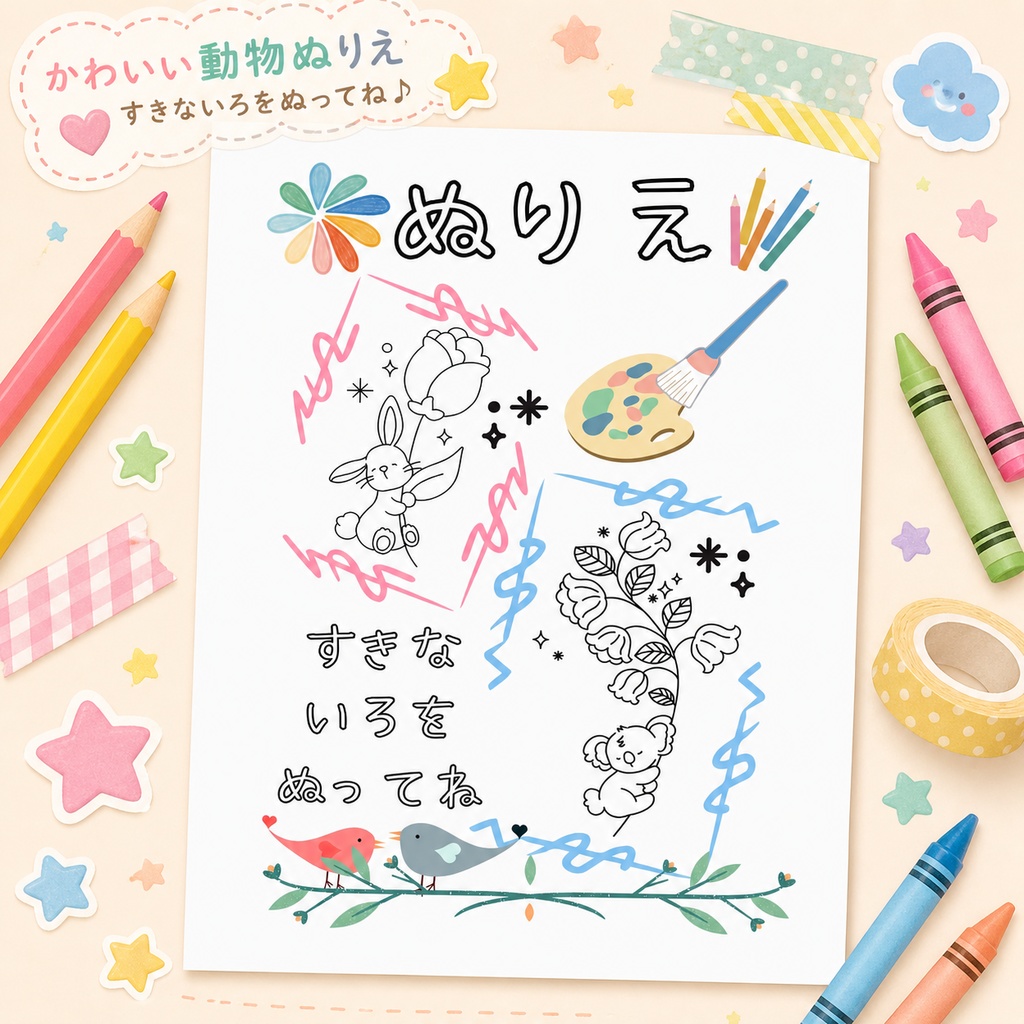 【知育プリント】3〜5歳向け！かわいい動物たちの「たのしいぬりえ」シート