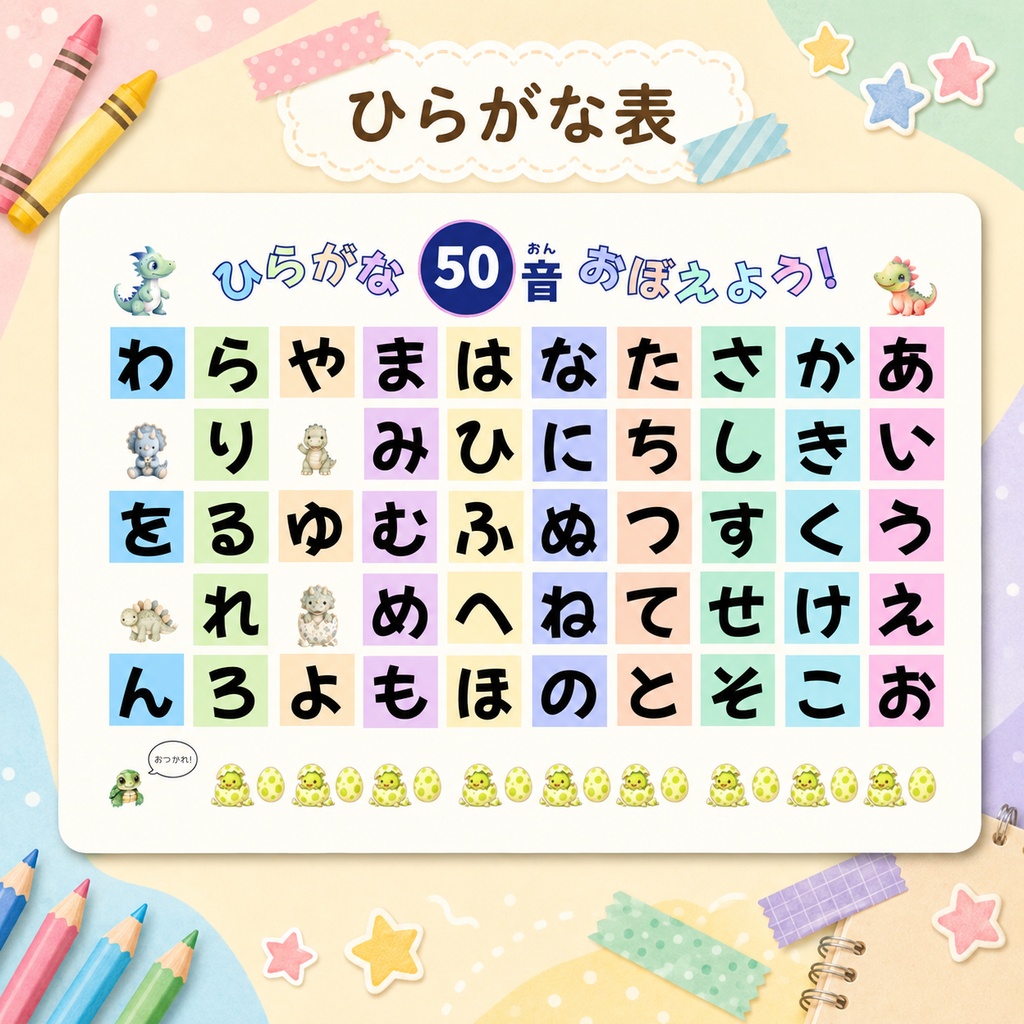 【ひらがな表】3〜7歳向け ひらがな50音・だくおん・はんだくおん・ようおんポスター