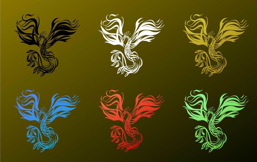 朱雀のトライバル・タトゥー風マーク・シンボル 黒・白・赤・青・緑・金色- png/ai