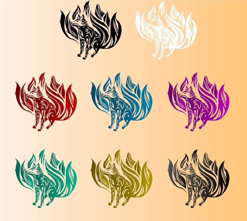 九尾の狐1のトライバル・タトゥー風マーク8種カラー- png/ai