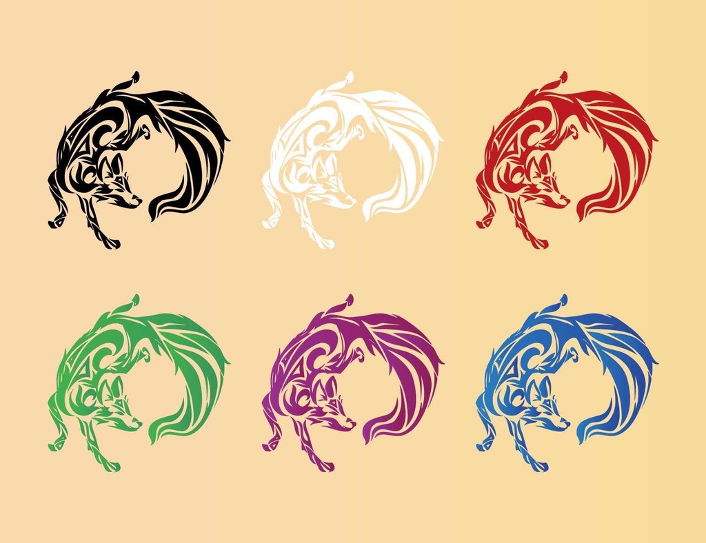 狐のトライバル・タトゥー風マーク6色- png/ai