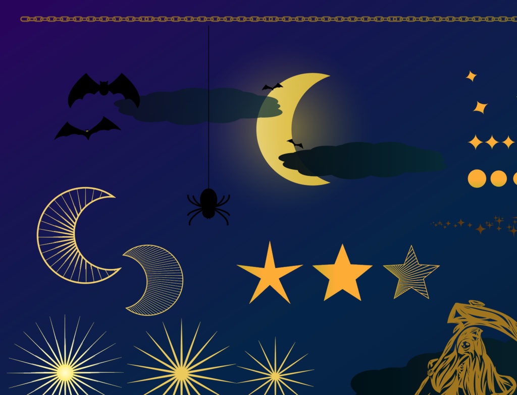 怪しい月夜の魔法世界の素材全52種類 - 高解像度png or ai(ベクターcs2)