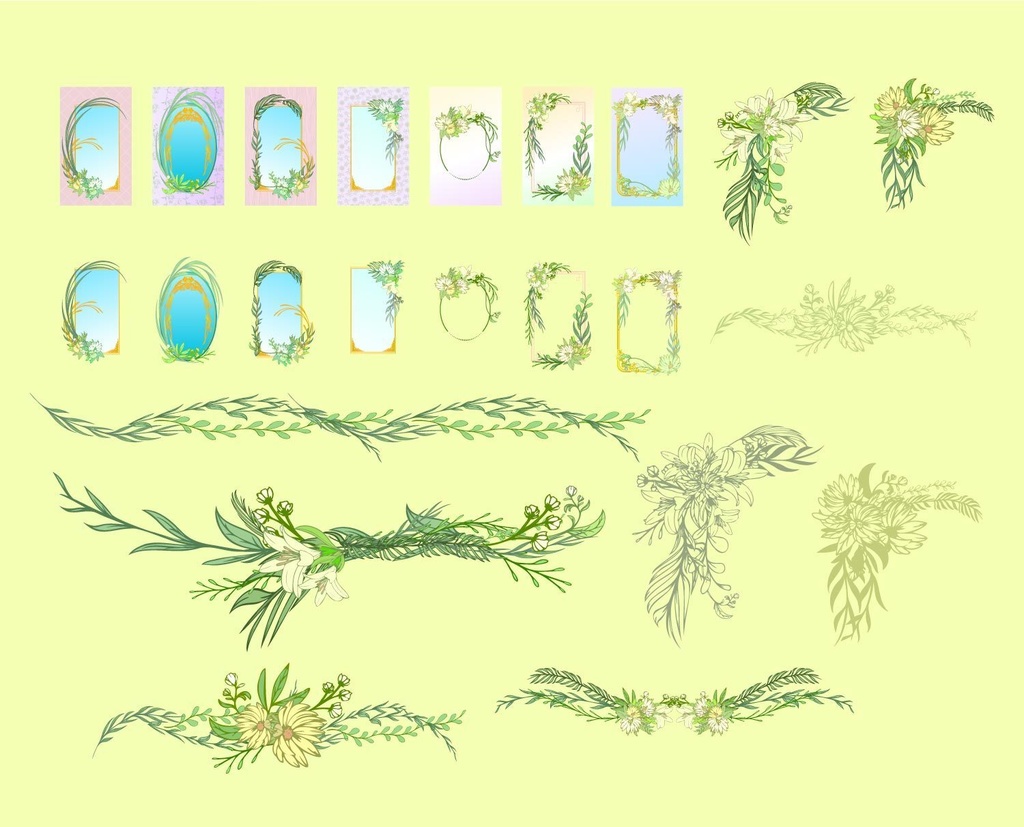 花・ゆり・葉の植物のフローラルフレーム装飾素材全23種 - 高解像度png or ai(ベクターcs2)