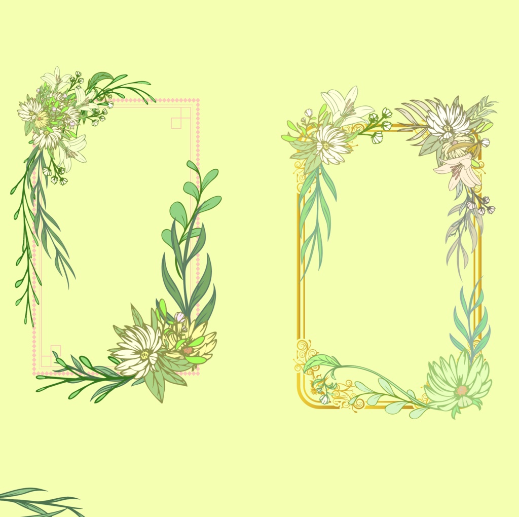 花・ゆり・葉の植物のフローラルフレーム装飾素材全23種 - 高解像度png or ai(ベクターcs2)