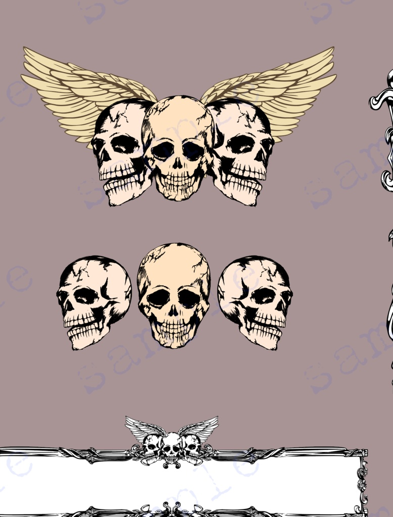 ドクロとゴシックな手書きの装飾デザイン素材全39種