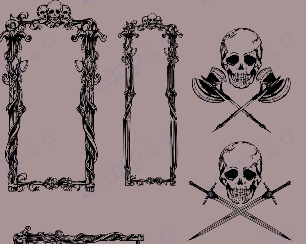 ドクロとゴシックな手書きの装飾デザイン素材全39種