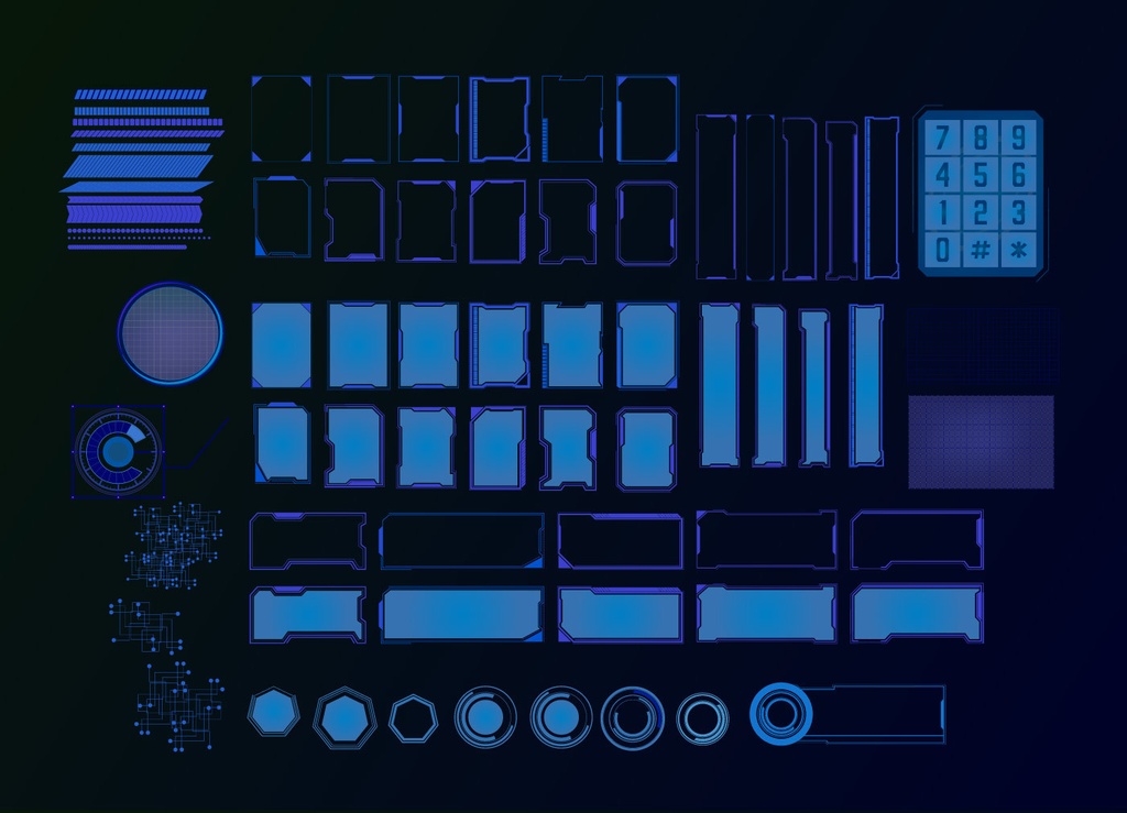 サイバーパンク風 全72フレーム・デザイン装飾セット ブルー・グリーンUI - ベクター or 高解像度PNG素材集