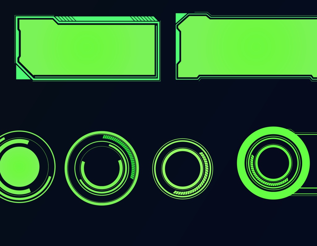 サイバーパンク風 全72フレーム・デザイン装飾セット ブルー・グリーンUI - ベクター or 高解像度PNG素材集