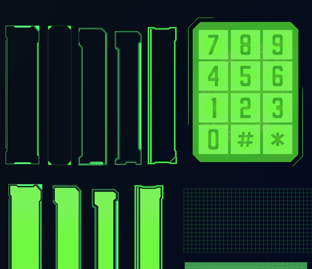サイバーパンク風 全72フレーム・デザイン装飾セット ブルー・グリーンUI - ベクター or 高解像度PNG素材集