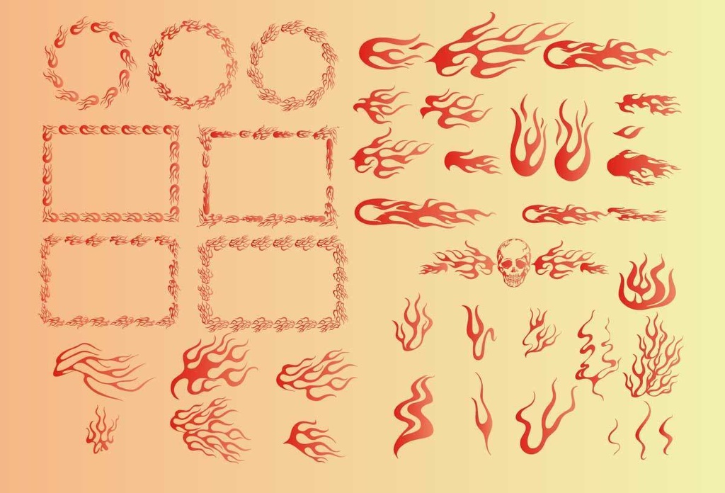 ファイアーパターンのトライバル風炎・火の装飾イラスト38セット-赤・黒