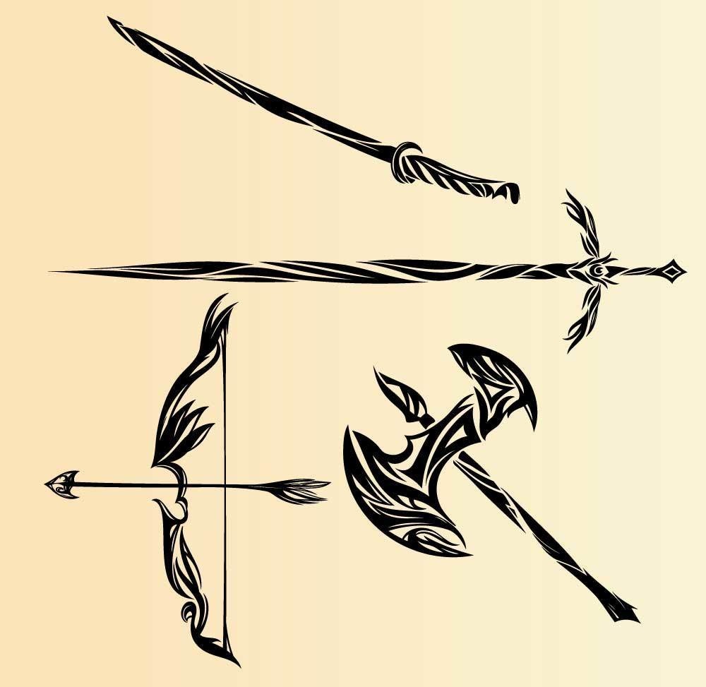 斧・剣・刀・弓矢のトライバルタトゥー風デザインセット - 高解像度png or aiベクター - 84