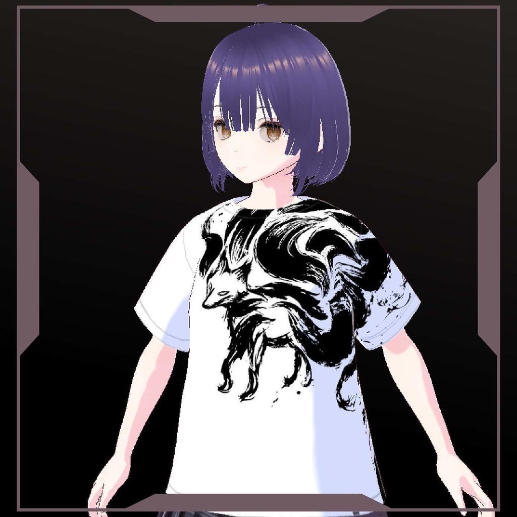 【Vroid T-Shirts】九尾の狐水墨画Tシャツ 黒 Ink painting of nine-tailed fox
