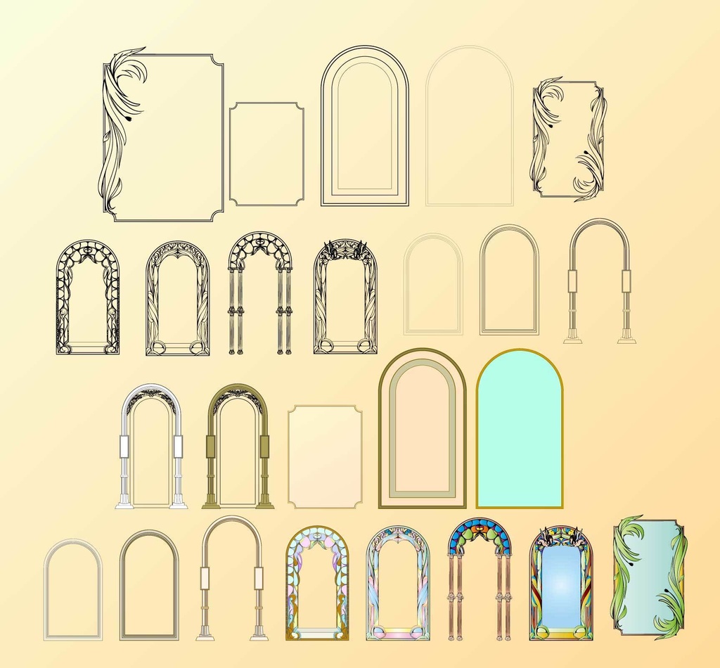 アンティークな窓・窓枠フレームの装飾素材セット25種 - 背景透過PNG or ベクター