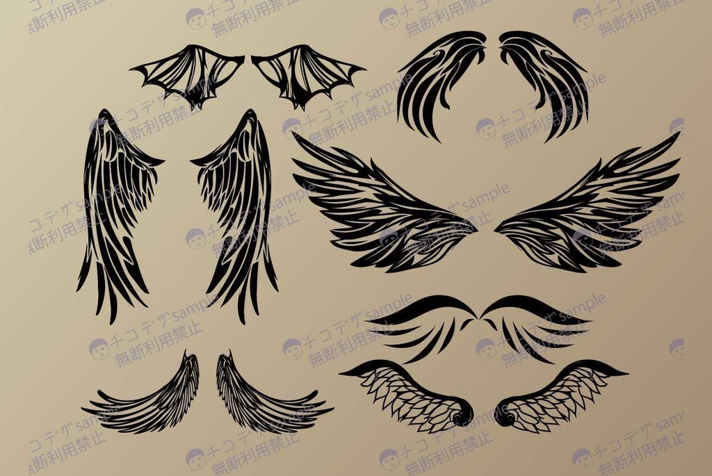 翼のトライバルタトゥーイラスト7セット - ai or 高解像度png (おまけvroidテクスチャ)