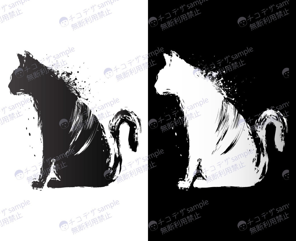 猫の横向き墨絵シルエット-その2- 和風の水墨画マーク黒・白 - 高解像度png or ai(ベクター)